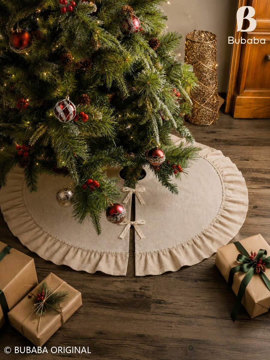 60cm/90cm Beige Farmhouse Style Christmas Tree Skirt With Ruffled Edge, Lace Bow Tree Collar Pad, Rustic Vintage Holiday Tree Base Decor Cover, Christmas Home Decoration - Apricot - View 1
