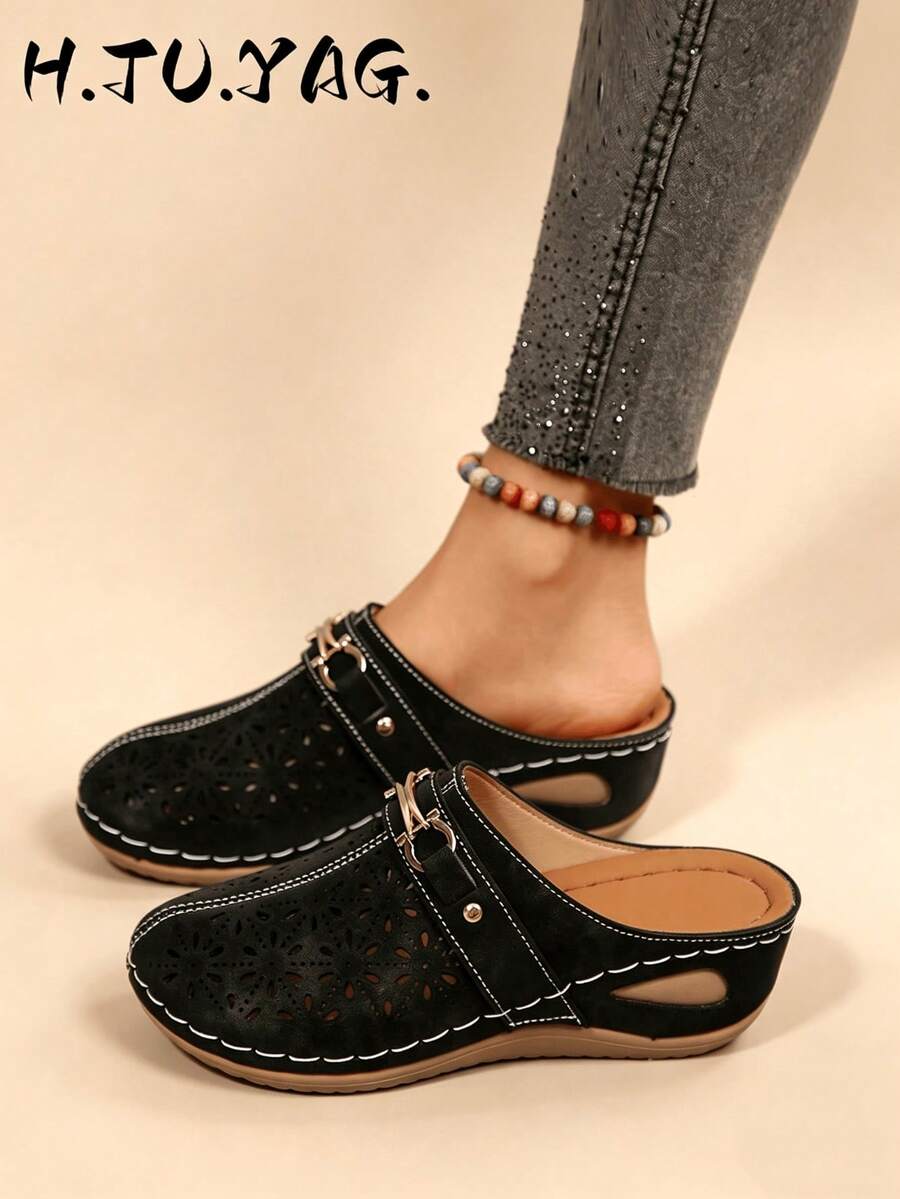 Fashionable Women's New Wedge Heel Thick Sole Closed Toe Mule Slippers, Lightweight Comfortable Soft Sole House Shoes For Spring And Autumn
