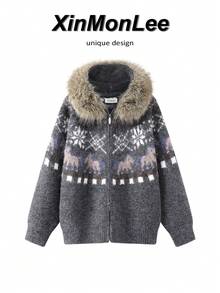 Hooded Fur Collar Fair Isle Knit Cardigan With Two-Way Zipper Sweater For Evening Date, Vacation, Daily Wear, Autumn/Winter - Grey - View 1