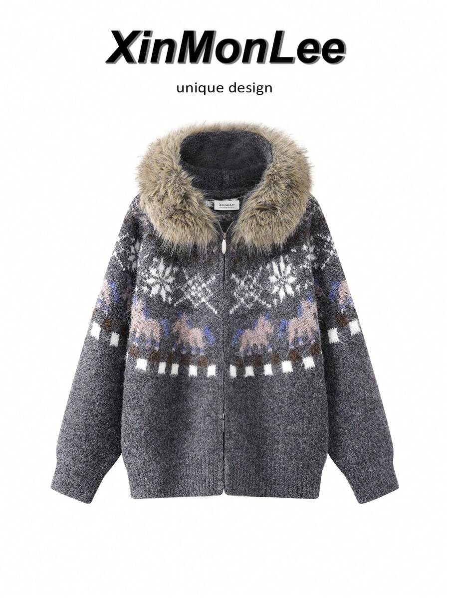 Hooded Fur Collar Fair Isle Knit Cardigan With Two-Way Zipper Sweater For Evening Date, Vacation, Daily Wear, Autumn/Winter - Grey - View 1