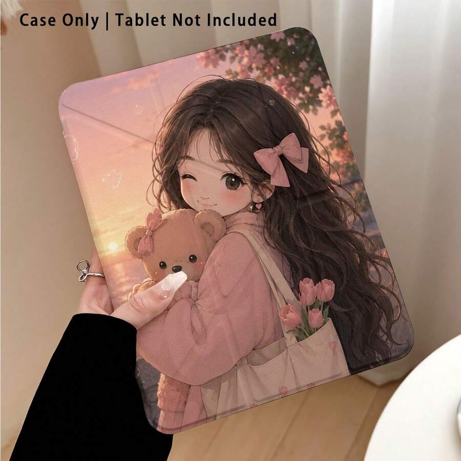 Girl, Bear, Bow Pattern Painted Effect Tablet Protective Case With Stand, Compatible With Honor 8/9/10/X8/X8A/X9/X8Pro/X9Pro/ MatePad SE 11 Inch/MatePad 11 Inch/11.5 Inch/MatePad Pro And More/, Apple 10th Gen/11th Gen 2025 (A16), Galaxy Tab A7/A9 And Other Popular Models - Multicolor - View 1