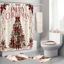 Set Dekorasi Kamar Mandi Natal Motif Pohon Natal Pita 1pc/4pcs Multifungsi, Tirai Kamar Mandi dengan 12 Kait Gratis, Keset Lantai Bentuk U dan Penutup Dudukan Toilet Bulat, Premium, Suasana Meriah, Cocok untuk Semua Dekorasi Ruangan - Pohon Natal dengan Pita - View 9