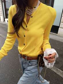 Women's Fashion Elegant Versatile Solid Color Lace Patchwork Round Neck Long Sleeve Casual Cardigan - Yellow - View 7