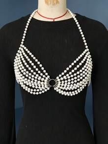 Shiny Pearl Halter Neck Top, Women's Handmade Beaded Pearl Chest Chain, Glamorous Party Nightclub Outfit Body Jewelry - Multicolor 2 - View 7
