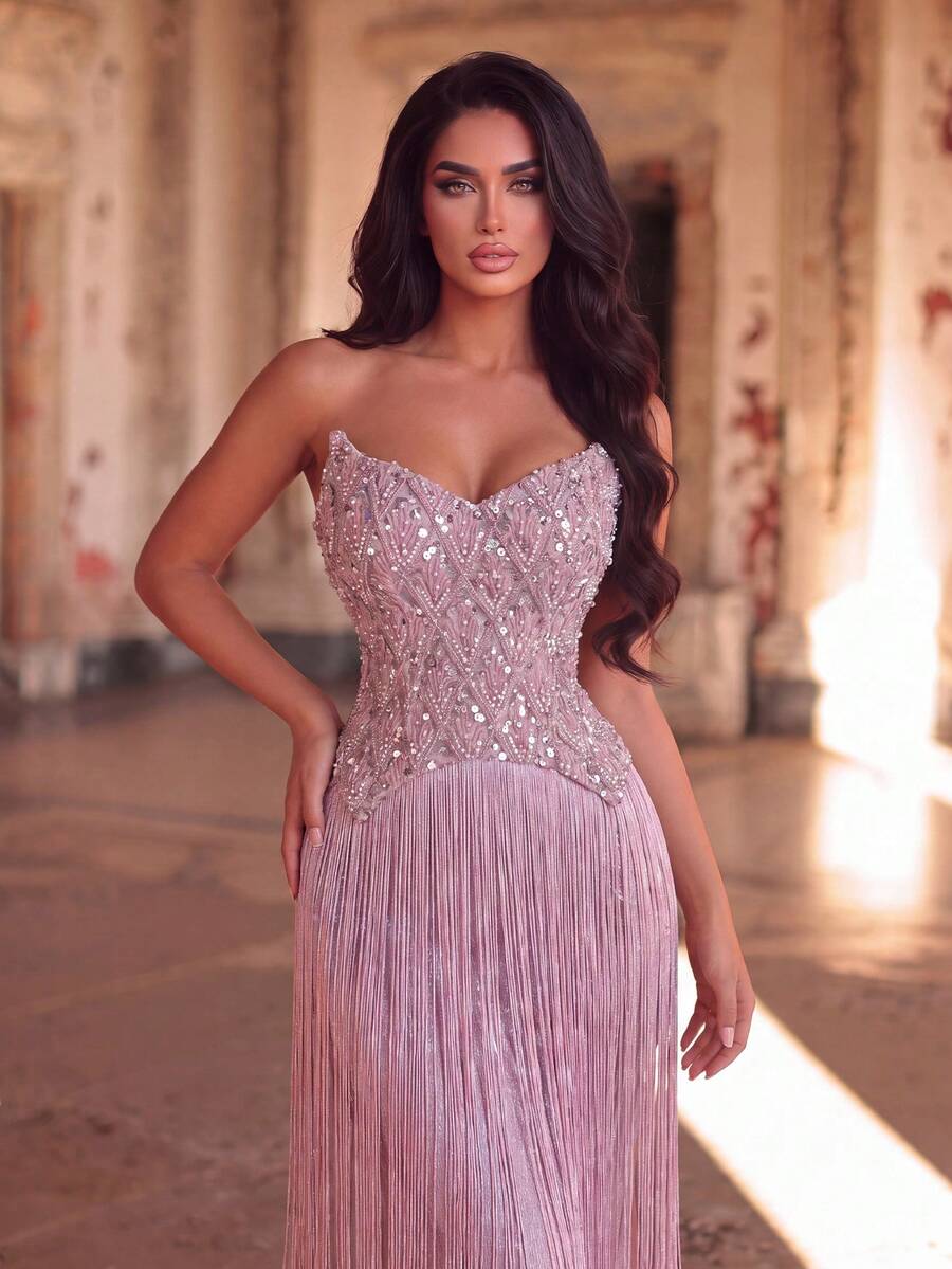 Charming Strapless Sequin Patchwork Tassel Evening Gown With Fitted Bodice, Suitable For Date Night, Banquet, Formal Dinner, Wedding And Special Occasions - Dusty Pink - View 1