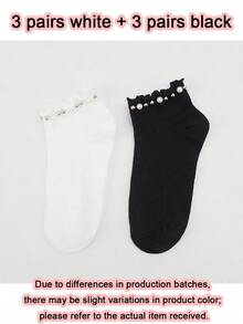 1/3 Pairs Women's Ruffle Cuff Short Socks, Faux Pearl & Rhinestone Decor, Solid Black & White Knit Socks, Sweet & Elegant Style, Soft & Breathable, Suitable For Autumn/Winter, Fashion Accessory, Can Be Paired With Mary Jane Shoes - Multicolor - View 16