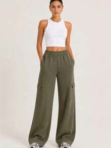 Women's Black Modal Fabric Cargo Pocket Wide Leg Trousers Pants - Khaki - View 2