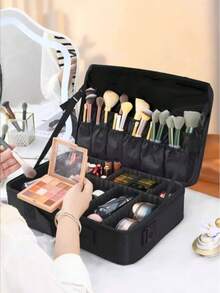 Large Capacity Professional Makeup Case Compatible With Trolley Bag, Multi-Functional One Shoulder & Double Shoulder Strap Makeup Artist Cosmetic Storage Box, Beauty Nail Art Organizer - Black - View 1