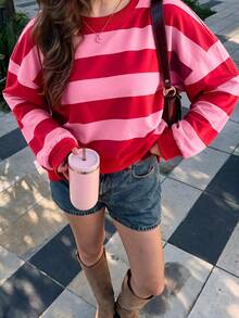Women's Pink Colorblock Classic Fashion Striped Y2K Outfit Set, Back To School Autumn Apparel, Round Neck Long Sleeve Drop Shoulder Loose Pullover Sweatshirt With Warm Fleece Lining - Pink - View 2
