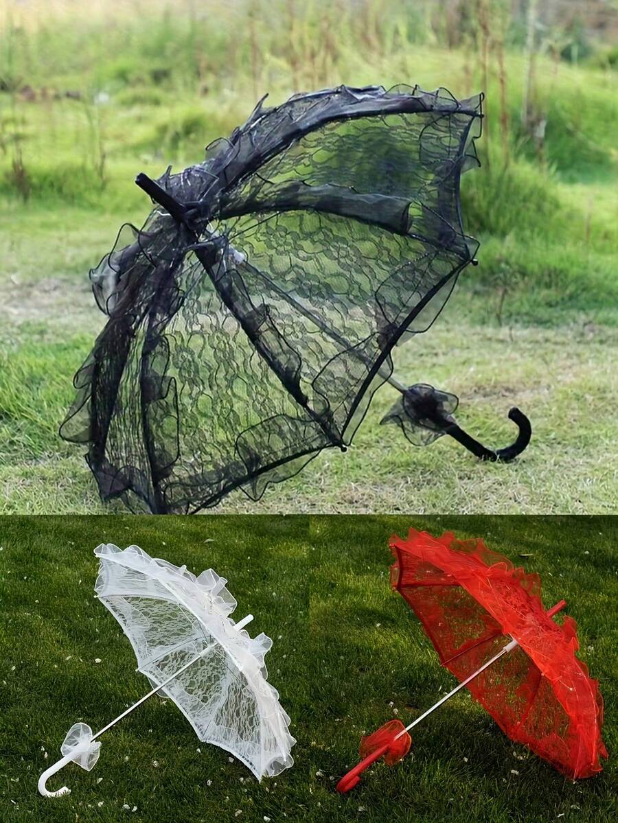 1pc Lace Wedding Umbrella, Romantic Bridal Lace Parasol, Festive Red With Lace Trim, Perfect For Weddings, Parties, Gift Ceremonies, Birthdays - Multicolor - View 1