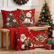 4pcs Classic Red Christmas Pillow Covers, Christmas Tree Snowman Santa Claus Sleigh Gift Print Pattern, Single-Sided Printed Pillow Covers/Cushion Covers, Multi-Scene Atmosphere Decorative Pillow Covers Suitable For Living Room Sofa Bedroom, Pillow Insert Not Included - Multicolor - View 8