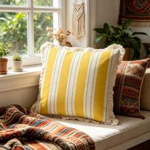 1PC American Country Printed Pillowcase Cover With Tassel Border, Double-Sided Decorative Pillowcase, Yellow Striped Green Polka Dot Design Pattern, Home Decoration, Sofa, Bed, Bedroom(Excluding Pillow Core)-Size Excludes 3cm Tassels - Multicolor - View 7