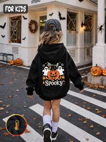 Halloween Autumn Winter Girls' Hooded Fleece Sweatshirt With Pumpkin, Ghost, Candy Print And "Stay Spooky" Text, - Black - View 2