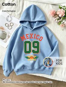 Kids Hooded Sweatshirt, Mexico 09 Sun Wing Letter Graphic Print Thick Fleece Lined Pullover For Kids - Blue - View 9