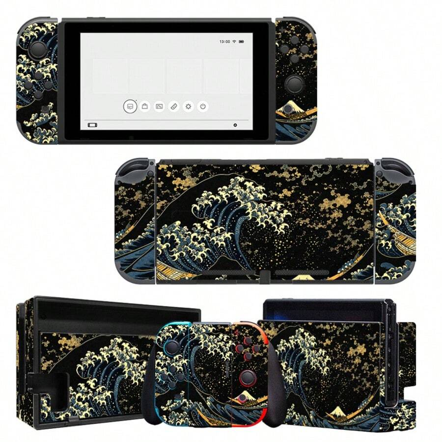 Switch Sticker Set, Black & Gold Ukiyo-E Wave Pattern, Waterproof Scratch-Resistant Self-Adhesive Vinyl Game Console Skin, Removable No Residue, Full Set Console + Joy-Con Controller Decorative Film - View 1