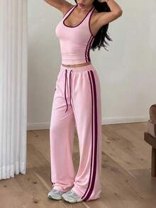 Women's Elegant Vacation Halter Neck Side Stripe Set - Pink - View 5