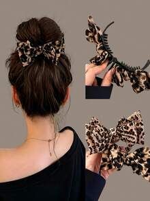 2/1pc Vintage Leopard Print Bow Hair Clip, Ponytail Hair Clip, Fashion, Perfect For Securing High Ponytail. Women's Daily Wear Hair Accessory - Multicolor - View 2