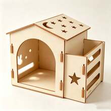 1pc Wooden Rabbit Hamster Cabin With Side Hay Feeding Trough, Star Moon Hollow Rabbit Nest, Natural Wooden Pet Shelter, Suitable For Rabbits, Guinea Pigs, Hamsters - one-size - View 3