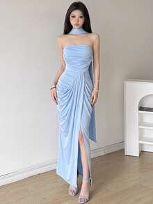 Women's Strapless Long Formal Evening Gown, Luxury Pleated Light Blue Maxi Dress With Exaggerated Slit Design, Suitable For Evening Party - Baby Blue - View 1