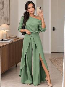 ChicMe 2pcs Women Set, Open Shoulder Batwing Sleeve Top Paired With Elastic Waist Slit Wide Leg Pants, Fashionable Casual Outfit Suitable For Office, Vacation, Party And Other Occasions Spring Elegant - Green - View 6