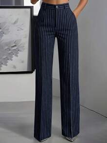 ANCHOSE Women's Casual Elastic Waist Striped Pants, Navy Blue & White, Spring/Summer - Navy Blue - View 2