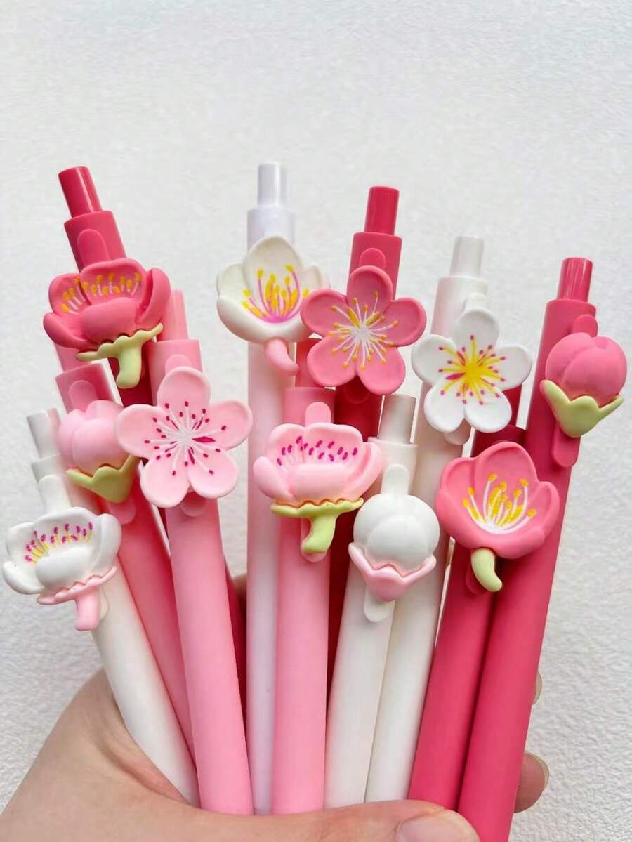 4pcs/Set Random Flower Pattern Retractable Ballpoint Pens, Multiple Designs, Simple Printed Pens, Suitable For Weddings, Parties, Daily Use, Gifts, Perfect Valentine's Day Gift For Friends And Family - A - View 1