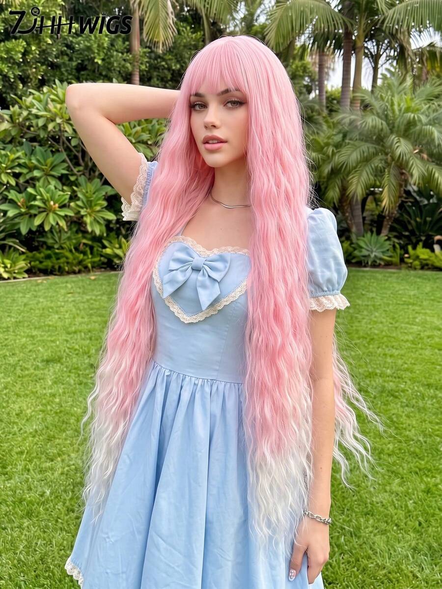 7JHH WIGS Halloween Extra Long Grey Cosplay Wig For Women 44 Inch Wavy Wig With Bangs, Fluffy Synthetic Heat-Resistant Costume Wig For Cosplay Wear,Party Carnival Festivals Use( Pink, Green, Red ) - Multicolor - View 1