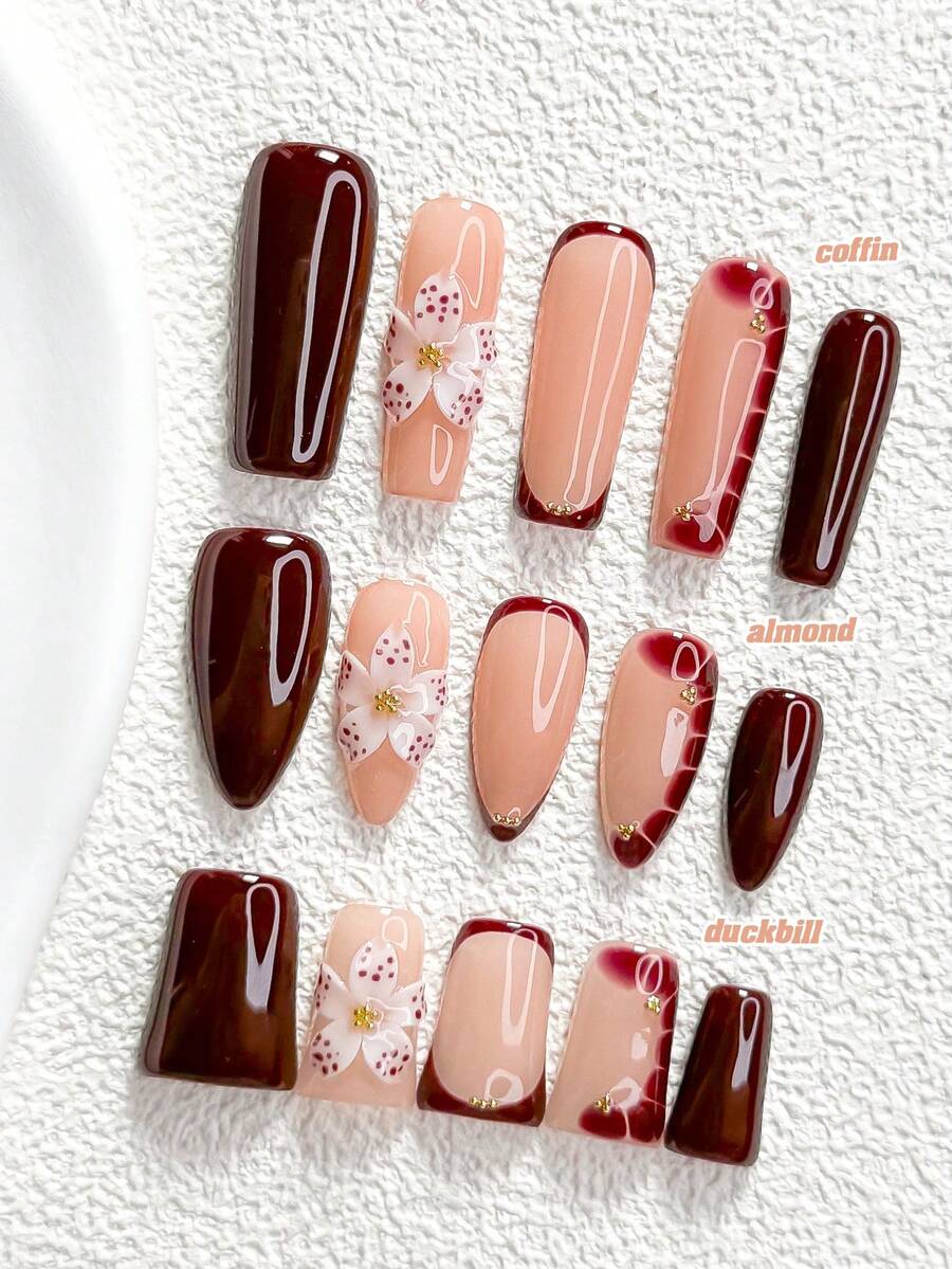 秋季 10 件組獨特風格手工穿戴甲 Polygel 美甲套組,花卉設計、紅棕色指甲油、極簡風,附美甲工具,3 種尺寸可選,杏仁甲、鴨嘴甲、棺材甲,適合派對、舞蹈、日常配戴(手工細節可能有所不同) - 彩色 - 查看 1