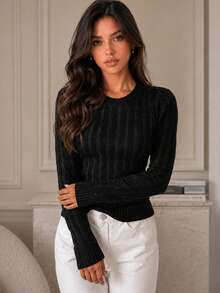 Yuwenier Vintage Black Cable Knit Sweater Round Neck Sequin Glitter Thread Long Sleeve Slim Fit Textured Pullover Casual Office Daily Autumn Outfits - Black - View 4