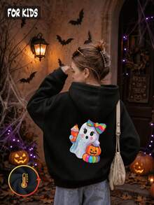 Halloween Autumn Winter Girls' Hooded Fleece Sweatshirt With Rainbow Bow Ghost Holding Ice Cream And Pumpkin Print - Black - View 5