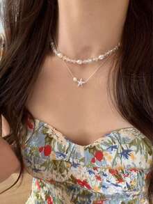 Women's Starfish Pearl Necklace, Unique Niche Design, Clavicle Chain, Elegant Versatile Delicate Star Accessory - Multicolor - View 6