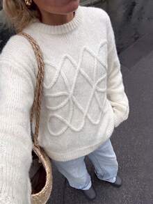 Sweater Wol Elegan Wanita dengan Bordir Garis Tekstur 3D Gaya Klasik, Cocok untuk Kembali ke Sekolah, Lengan Panjang, Warna Putih, Atasan Rajut Bergaris, Gaya Streetwear Musim Gugur - Putih - View 11