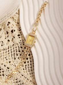 1pc Luxury Gold Square Dial Women's Bracelet Watch, Rhinestone Bezel, Gold Hollow Strap, Vintage Elegant, Versatile Commuter Quartz Women's Watch - Gold - View 4