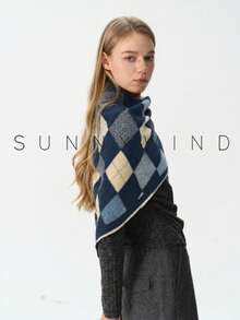 1件女款鑽石格紋學院風休閒百搭聚酯纖維仿貂毛三角圍巾披肩，日常使用 - 藏蓝色 - 查看 5