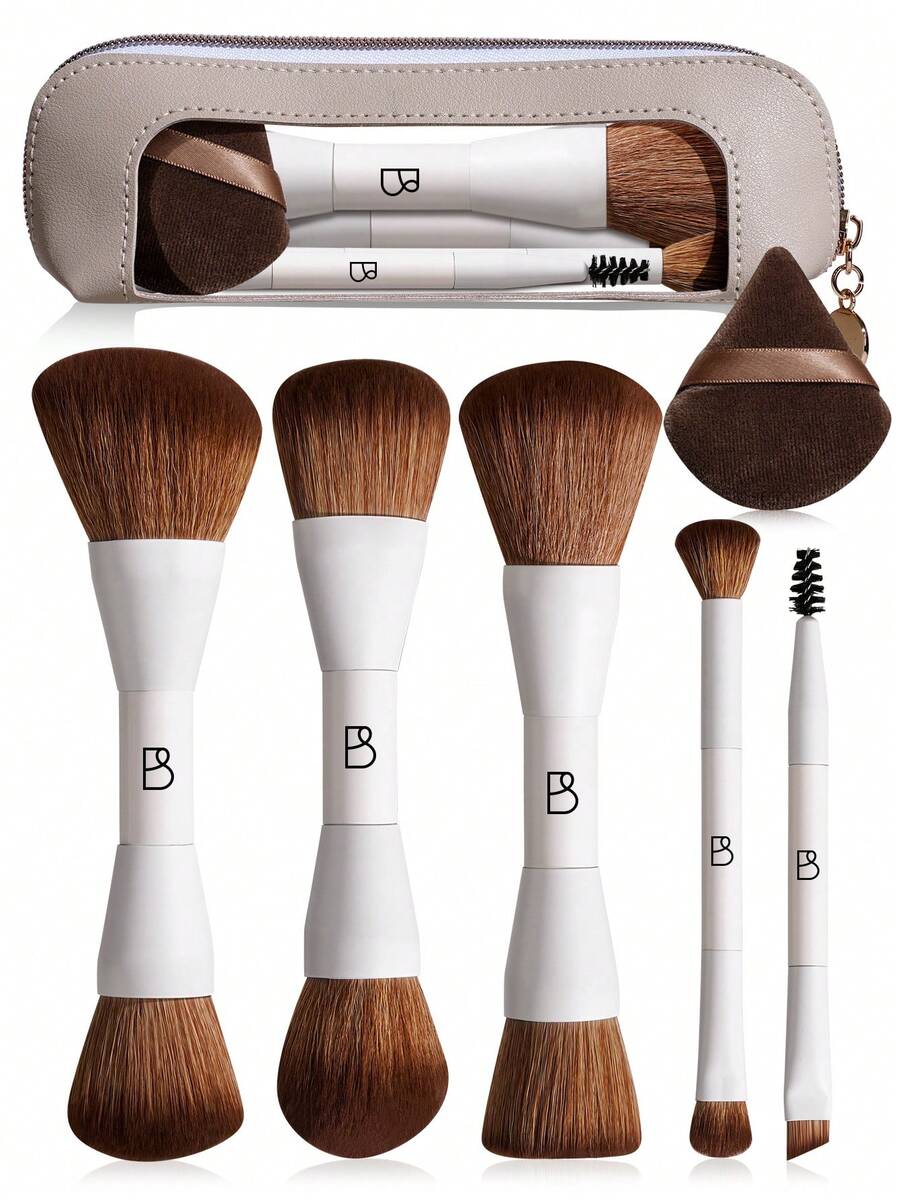 BS-MALL 5pcs Luxury White Dual-Ended Makeup Brush Set, Includes 10 Professional Brush Heads, Fashion Travel Storage Bag And Brown Powder Puff, High-End Ultra-Soft Makeup Tools