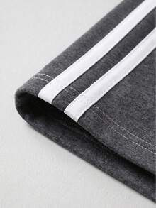 Women's Side Double Stripe Straight Leg Sweatpants, Elastic Waist Drawstring Loose Draped Casual Long Pants - Dark Grey - View 8