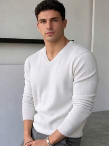 ALTZTAR Men's Solid Color V-Neck Casual Long Sleeve Pullover Sweater - White - View 1