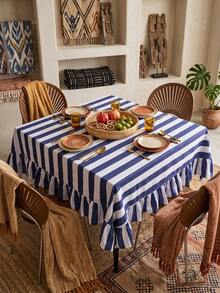 1pc Blue And White Wide Striped Tablecloth, Classic Country Style Fabric Material, Rectangular Double Layer With Ruffle Edge And Pleated Detail, Decorative And Functional For Home Kitchen, Dining Room And Daily Home Decor - Blue - View 1