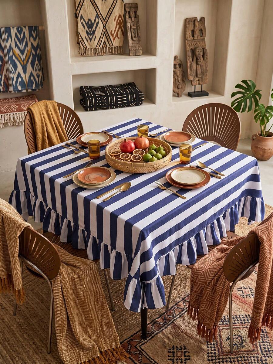 1pc Blue And White Wide Striped Tablecloth, Classic Country Style Fabric Material, Rectangular Double Layer With Ruffle Edge And Pleated Detail, Decorative And Functional For Home Kitchen, Dining Room And Daily Home Decor - Blue - View 1