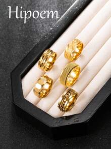 Hipoem 5pcs Fashion Stainless Steel Men's Ring Set With Mesh Embossed Chain & Diagonal Brushed Elements, Suitable For Daily Wear, Dating, Halloween Party Accessories - Gold - View 10