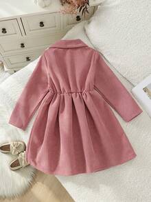 1pc Girls' Gentle Lady Style Corduroy Lapel Ruffle Bow Decor Single-Breasted Waist-Cinching Dress, Spring/Autumn - Dusty Pink - View 3