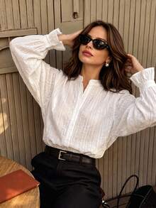 Vuslat Women's Autumn French Style Vertical Stripe White Stand Collar Hollow Embroidery Blouse, Suitable For Outings, Commuting, Back To School, Workplace - White - View 5