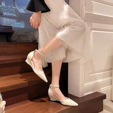 Beige Glossy Pointed Toe Single Strap Wedge Pumps For Women, Ankle Strap Elegant Party Mid-Heel High Heels - Beige - View 4