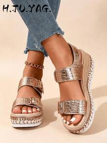 Summer Fashion Women's Wedge Sandals, Bohemian Style Rivet Open Toe Design With Ankle Strap, Breathable Comfortable Casual Elegant Flat Shoes - Gold - View 2