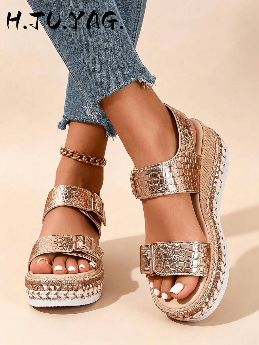 Summer Fashion Women's Wedge Sandals, Bohemian Style Rivet Open Toe Design With Ankle Strap, Breathable Comfortable Casual Elegant Flat Shoes