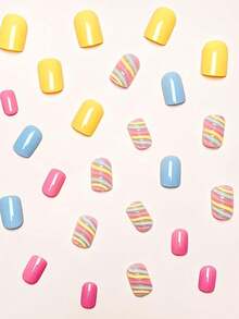 Change Your Nails With This, 24pcs/Set Short Square Sweet Cute Minimalist Dopamine 3D Rainbow Stripe Design Press-On Fake Nails, Includes 1pc Jelly Glue And 1pc Nail File, Adding A Touch Of Romantic Atmosphere, Making Your Nail Art Look Sweeter - Multicolor - View 2