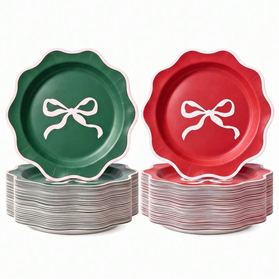 10/20/50 Pcs,Classic Red Green Christmas 7 Inch Paper Plates,Scalloped Edge Gold Rim Plates With Striped Bowknot Design,Festive Disposable Table Plates,For Christmas Gift Exchange,Xmas Potluck,Backyard Holiday Party Supplies - Multicolor - View 1