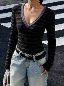 Y2K Style Spring/Autumn Women's Long Sleeve Knitted T-Shirt, Striped Ribbed V-Neck With Contrast Trim, Slim Fit Casual Streetwear Basic Everyday Top - Multicolor - View 4