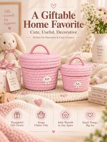1pc Cute Woven Storage Basket For Home Lovers, Decorative Rope Organizer With Adorable Cartoon Patch Design, Handmade Storage Box With Lid For Toys, Clothes, Bedroom, Living Room Organization & Home Decor - Multicolor - View 7