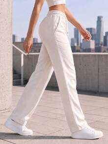 Women High Waist Wide Leg Pants Loose Fit Casual Trousers With Drawstring Waist Solid Color Pants For Everyday Outfit. - White - View 4